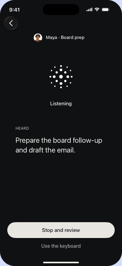 Neuron Voice on iPhone showing editable heard text before it is sent in dark mode