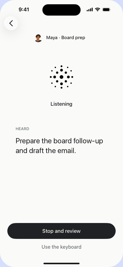 Neuron Voice on iPhone showing editable heard text before it is sent