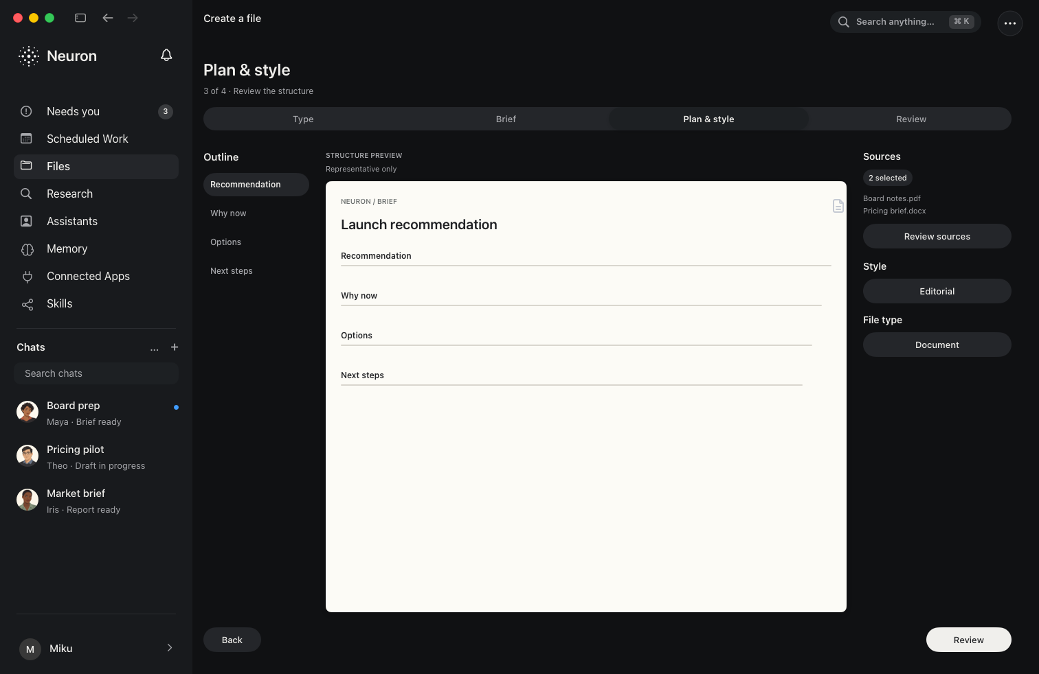 Neuron preparing a document from a reviewed plan in dark mode