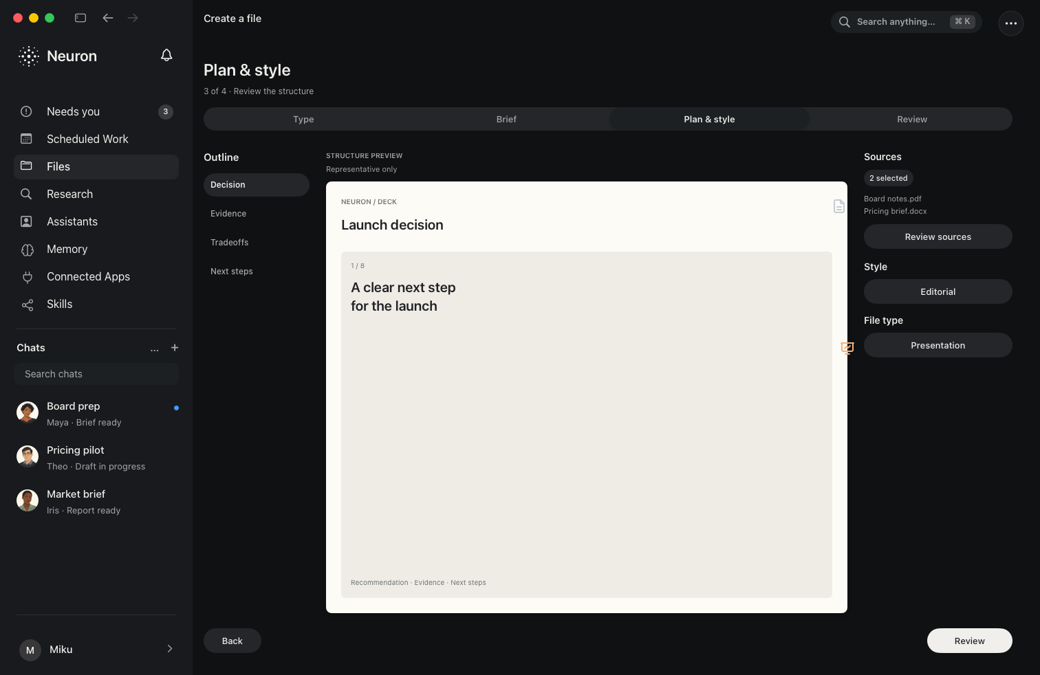 Neuron preparing a presentation from a reviewed plan in dark mode