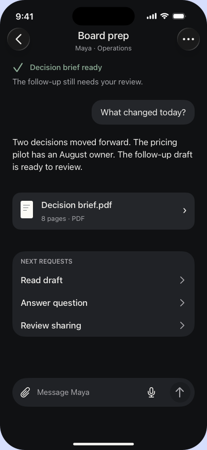 Neuron on iPhone showing a completed Conversation and its result in dark mode
