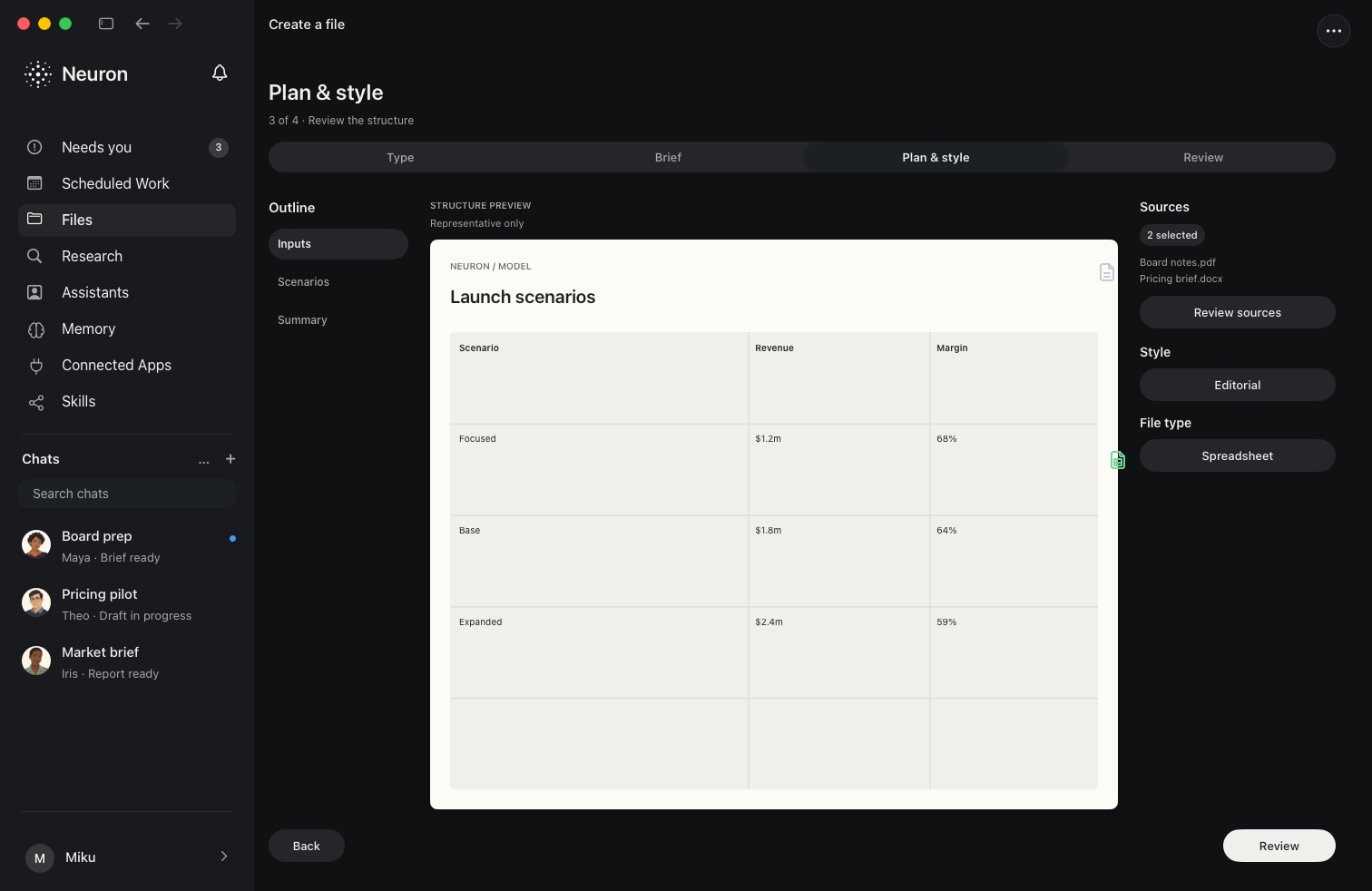 Neuron preparing a spreadsheet from a reviewed plan in dark mode